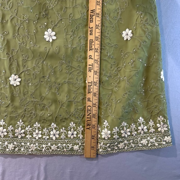 Vintage Indian Olive Green Sleeveless Kurti Tunic Dress Floral Beaded Embroidery - Picture 6 of 8